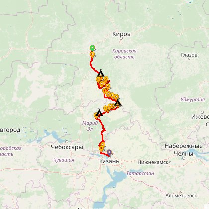 Карта путешествия: От Котельнича до Казани