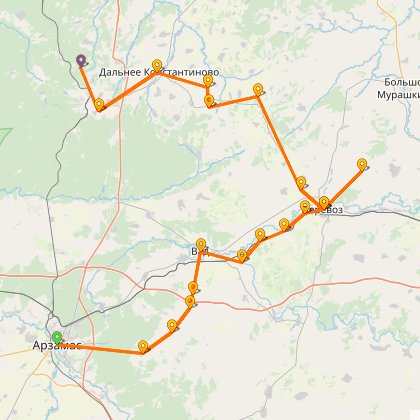 Карта путешествия: Арзамас - Вельдеманово: на родину патриарха Никона